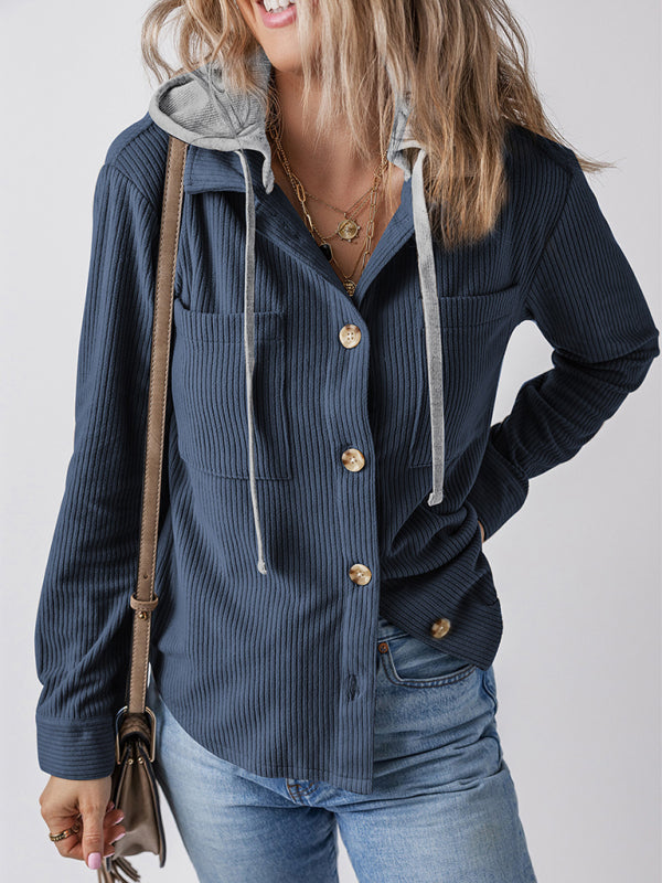 Women's Lapel with Buttoned Cardigan with Shirt Jacket-[Adult]-[Female]-Blue-S-2022 Online Blue Zone Planet