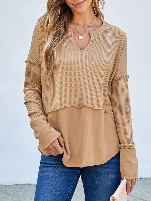 Solid Color Long Sleeve Loose Top-TOPS / DRESSES-[Adult]-[Female]-Khaki-S-2022 Online Blue Zone Planet