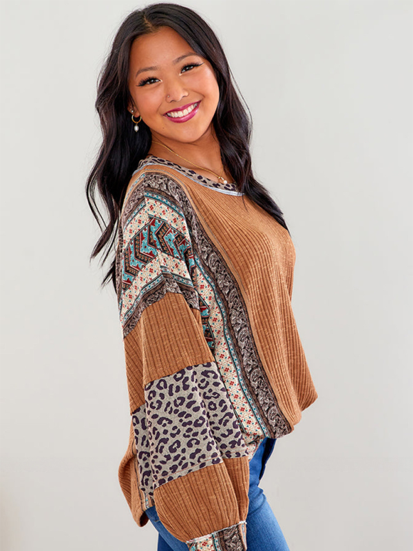 Women Casual Shirt Clashing Stripes Round Neck Wrap Sleeve Loose Top-[Adult]-[Female]-2022 Online Blue Zone Planet