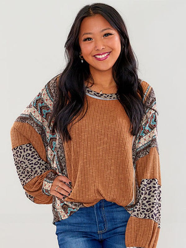 Women Casual Shirt Clashing Stripes Round Neck Wrap Sleeve Loose Top-[Adult]-[Female]-2022 Online Blue Zone Planet