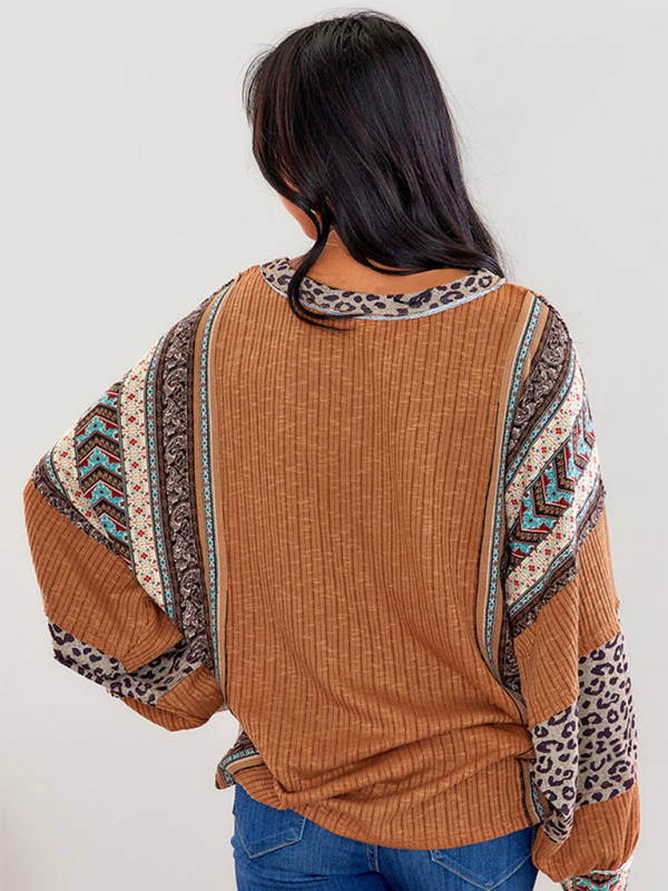 Women Casual Shirt Clashing Stripes Round Neck Wrap Sleeve Loose Top-[Adult]-[Female]-2022 Online Blue Zone Planet