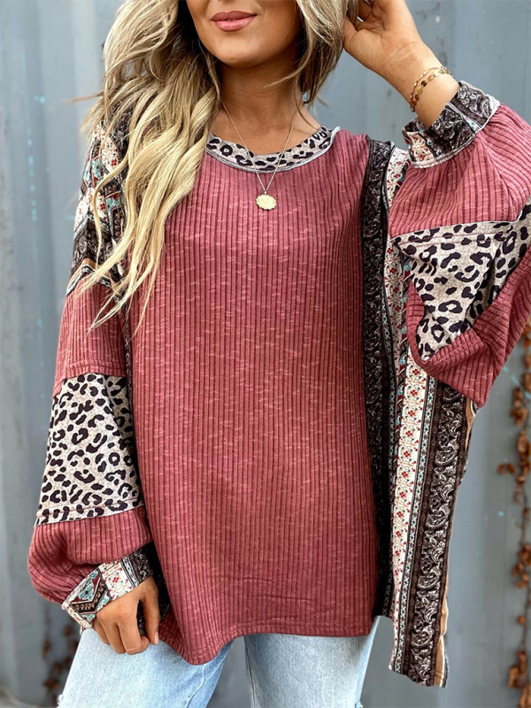 Women Casual Shirt Clashing Stripes Round Neck Wrap Sleeve Loose Top-[Adult]-[Female]-2022 Online Blue Zone Planet
