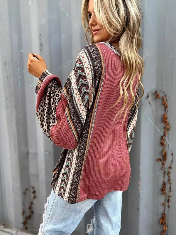 Women Casual Shirt Clashing Stripes Round Neck Wrap Sleeve Loose Top-[Adult]-[Female]-2022 Online Blue Zone Planet