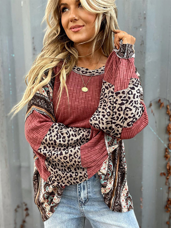 Women Casual Shirt Clashing Stripes Round Neck Wrap Sleeve Loose Top-[Adult]-[Female]-2022 Online Blue Zone Planet