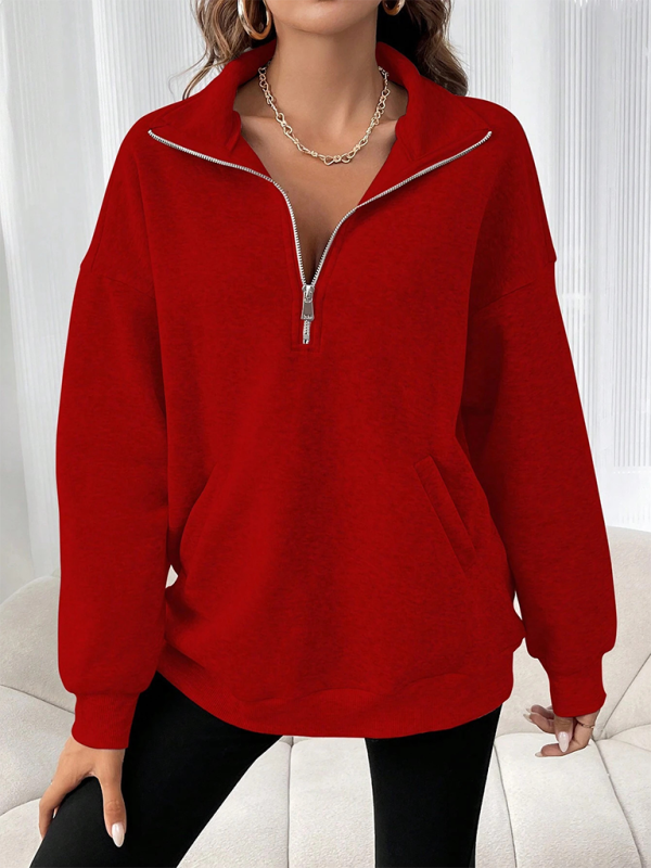 New fashion zipper lapel solid color casual sweater-[Adult]-[Female]-Red-S-2022 Online Blue Zone Planet