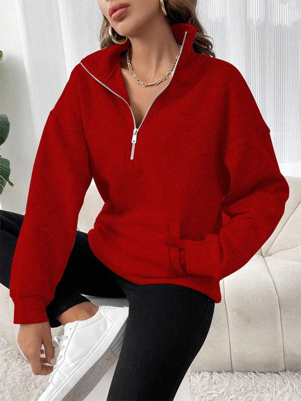 New fashion zipper lapel solid color casual sweater-[Adult]-[Female]-2022 Online Blue Zone Planet