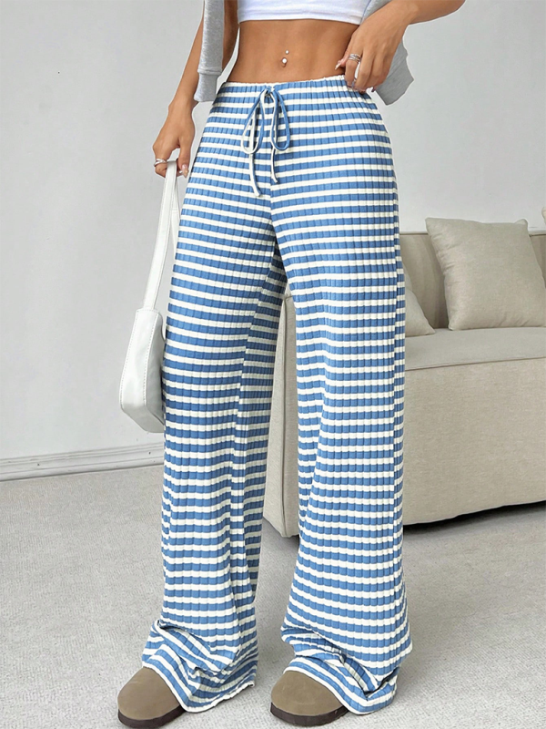 Women's new casual striped solid color rubber band drawstring straight leg pants-[Adult]-[Female]-Blue-S-2022 Online Blue Zone Planet