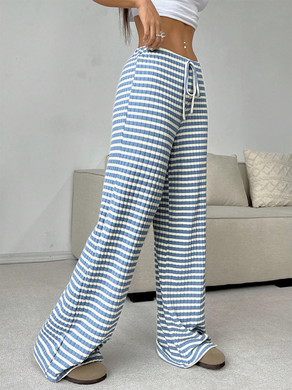 Women's new casual striped solid color rubber band drawstring straight leg pants-[Adult]-[Female]-2022 Online Blue Zone Planet