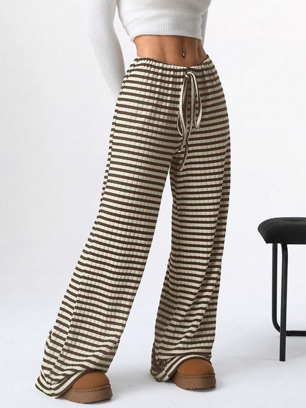 Women's new casual striped solid color rubber band drawstring straight leg pants-[Adult]-[Female]-2022 Online Blue Zone Planet