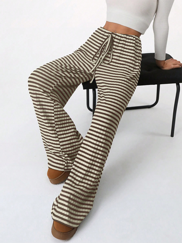 Women's new casual striped solid color rubber band drawstring straight leg pants-[Adult]-[Female]-Brown-S-2022 Online Blue Zone Planet