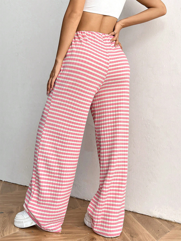 Women's new casual striped solid color rubber band drawstring straight leg pants-[Adult]-[Female]-2022 Online Blue Zone Planet