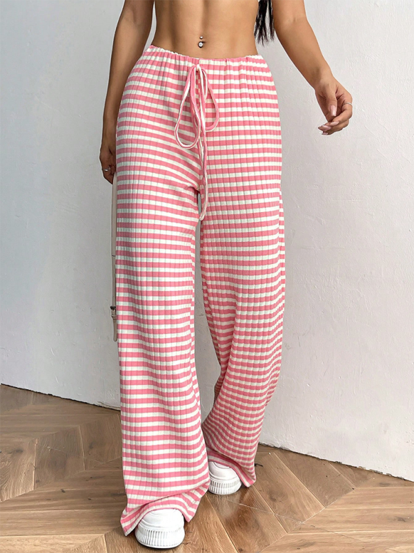 Women's new casual striped solid color rubber band drawstring straight leg pants-[Adult]-[Female]-Pink-S-2022 Online Blue Zone Planet