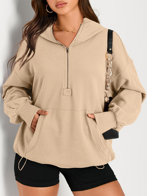 Women's Solid Color Long Sleeve Hooded Solid Color Zipper Plug Sweatshirt-[Adult]-[Female]-Cream-S-2022 Online Blue Zone Planet