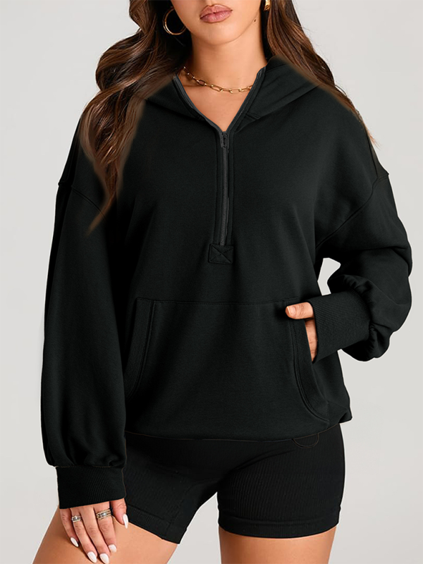 Women's Solid Color Long Sleeve Hooded Solid Color Zipper Plug Sweatshirt-[Adult]-[Female]-Black-S-2022 Online Blue Zone Planet