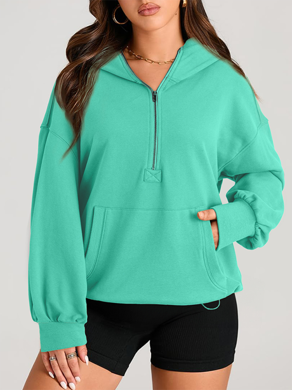 Women's Solid Color Long Sleeve Hooded Solid Color Zipper Plug Sweatshirt-[Adult]-[Female]-Green-S-2022 Online Blue Zone Planet