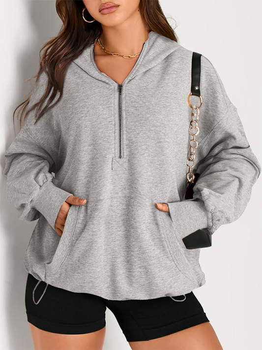 Women's Solid Color Long Sleeve Hooded Solid Color Zipper Plug Sweatshirt-[Adult]-[Female]-Misty grey-S-2022 Online Blue Zone Planet