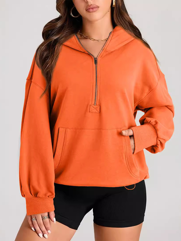 Women's Solid Color Long Sleeve Hooded Solid Color Zipper Plug Sweatshirt-[Adult]-[Female]-Orange-S-2022 Online Blue Zone Planet