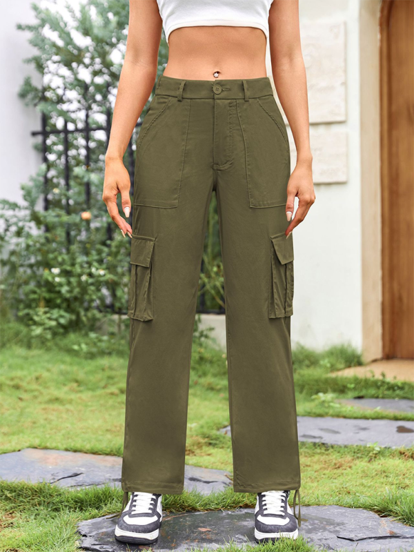 New Women's Loose Casual Wide Leg High Waist Pocket Workwear Straight Leg Pants-[Adult]-[Female]-Olive green-XS-2022 Online Blue Zone Planet