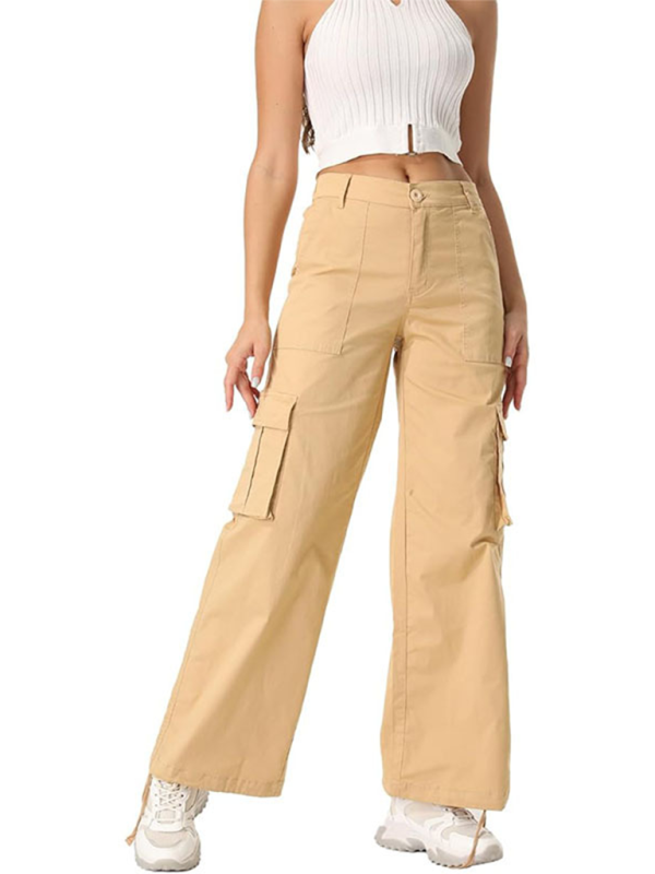 New Women's Loose Casual Wide Leg High Waist Pocket Workwear Straight Leg Pants-[Adult]-[Female]-Cracker khaki-XS-2022 Online Blue Zone Planet