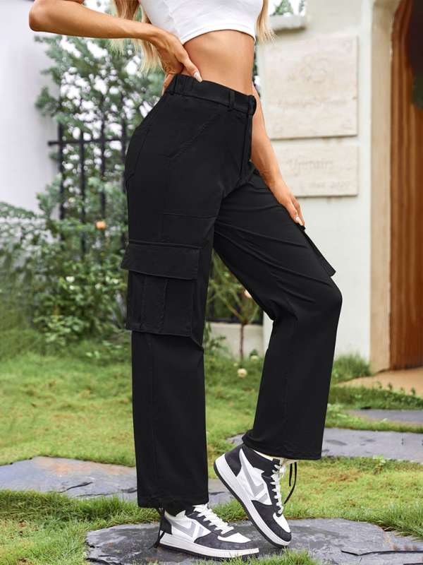 New Women's Loose Casual Wide Leg High Waist Pocket Workwear Straight Leg Pants-[Adult]-[Female]-Black-XS-2022 Online Blue Zone Planet