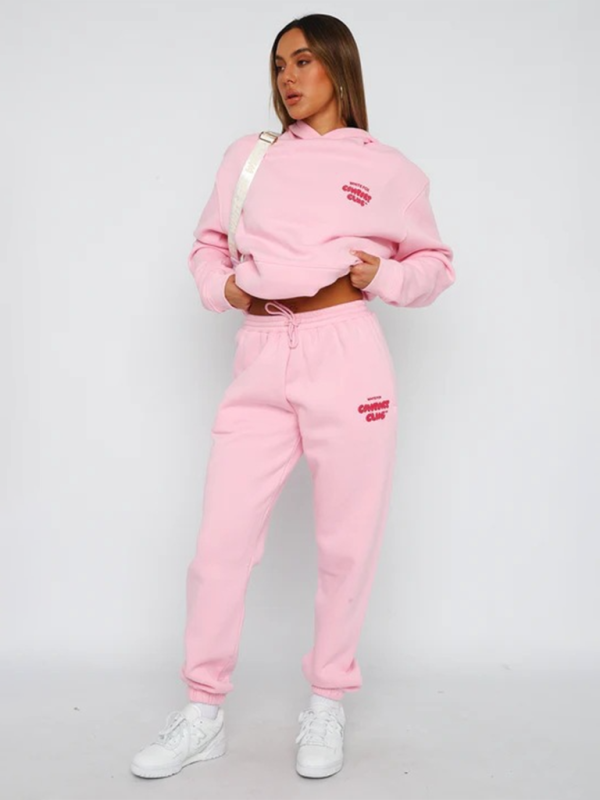 Fashion Sports Letter Print Long Sleeve Hooded Sweatshirt Two Piece Set-[Adult]-[Female]-Pink-S-2022 Online Blue Zone Planet