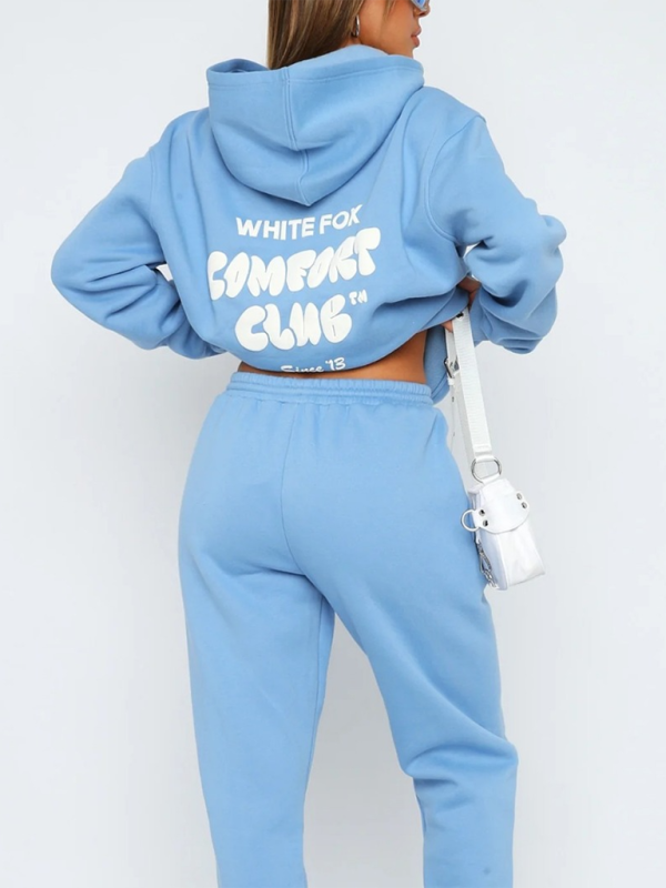 Fashion Sports Letter Print Long Sleeve Hooded Sweatshirt Two Piece Set-[Adult]-[Female]-2022 Online Blue Zone Planet