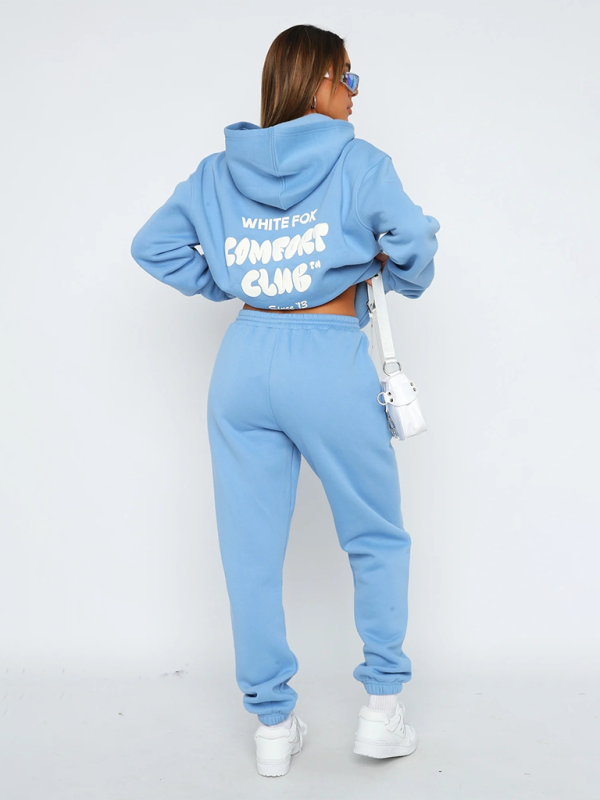 Fashion Sports Letter Print Long Sleeve Hooded Sweatshirt Two Piece Set-[Adult]-[Female]-2022 Online Blue Zone Planet