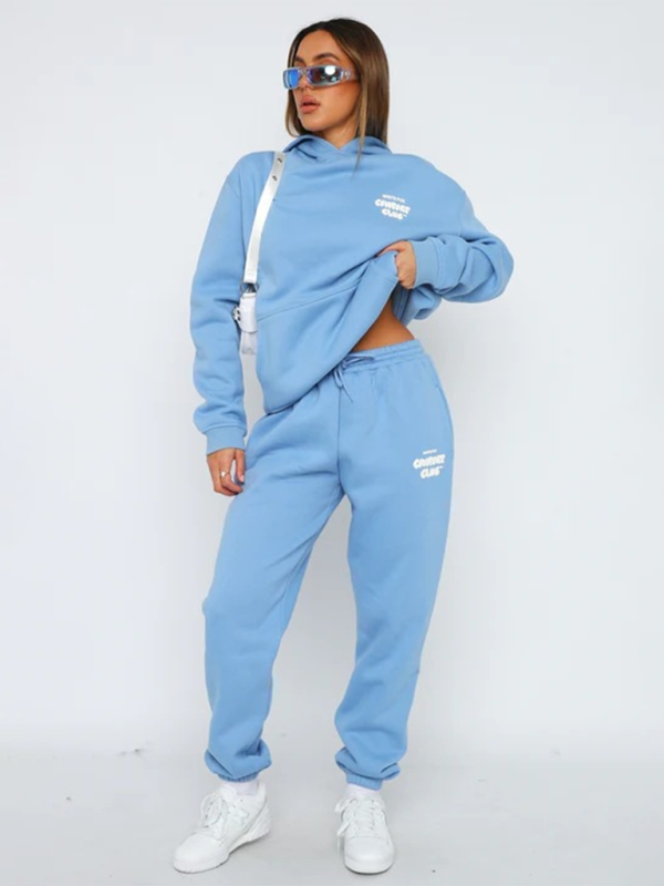 Fashion Sports Letter Print Long Sleeve Hooded Sweatshirt Two Piece Set-[Adult]-[Female]-Sky blue azure-S-2022 Online Blue Zone Planet