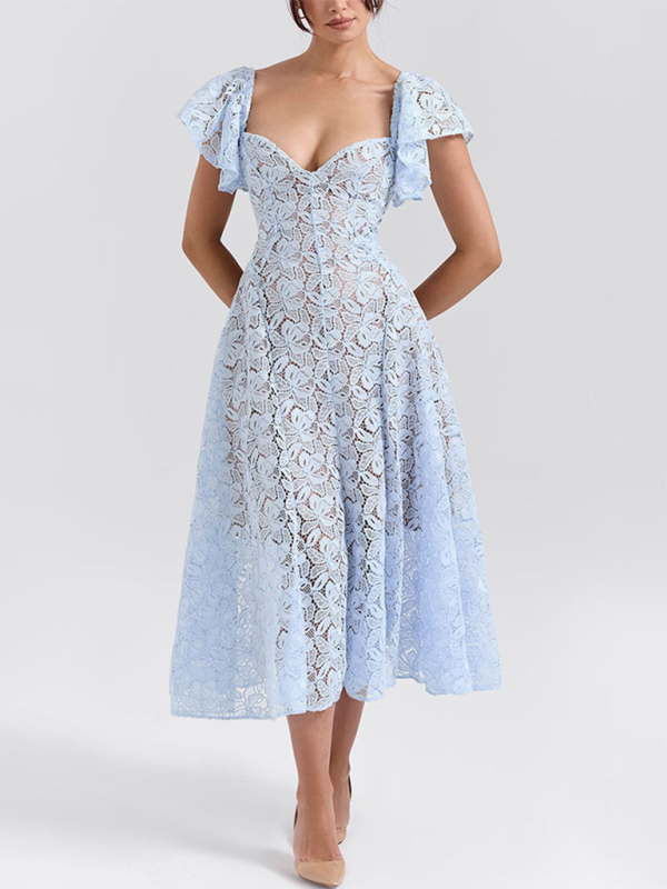 New Lace Ruffle Sleeve Dresses-[Adult]-[Female]-Clear blue-S-2022 Online Blue Zone Planet