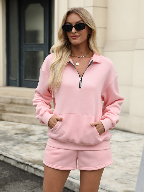 New three-quarter pants solid color insert pocket sweater two-piece set-[Adult]-[Female]-Pink-S-2022 Online Blue Zone Planet