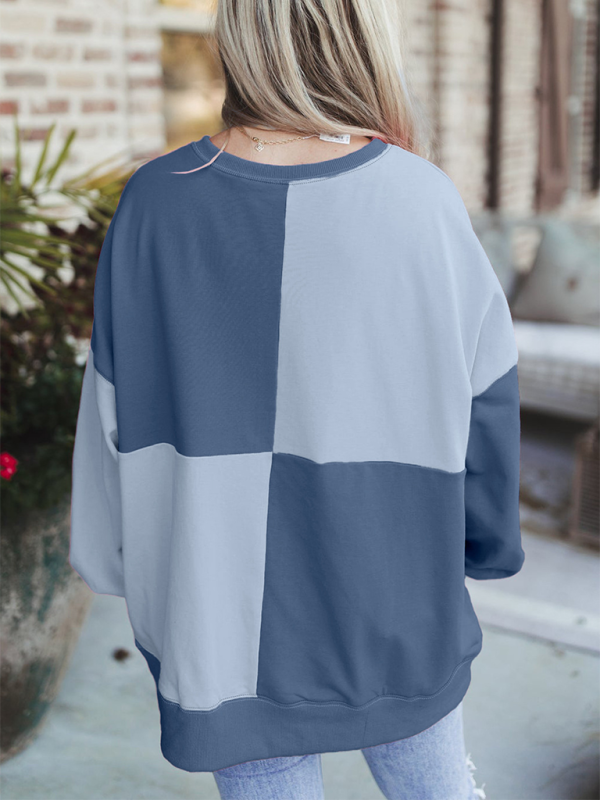 Patchwork Color Block Front Button Long Lapel Sweatshirt-TOPS / DRESSES-[Adult]-[Female]-2022 Online Blue Zone Planet
