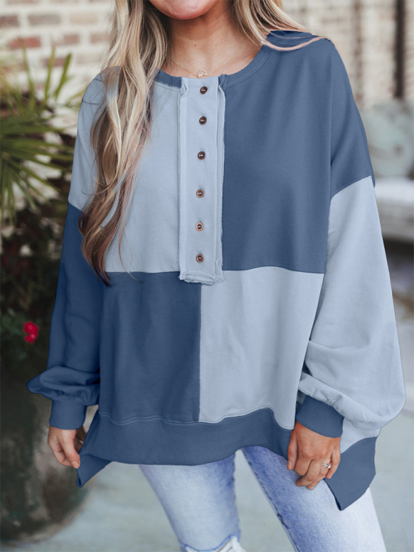 Patchwork Color Block Front Button Long Lapel Sweatshirt-TOPS / DRESSES-[Adult]-[Female]-Blue grey-S-2022 Online Blue Zone Planet