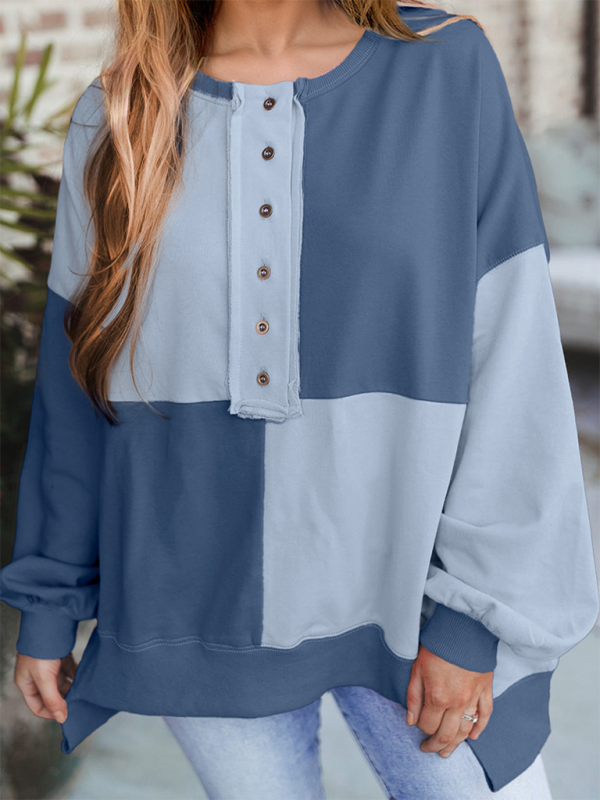 Patchwork Color Block Front Button Long Lapel Sweatshirt-TOPS / DRESSES-[Adult]-[Female]-2022 Online Blue Zone Planet