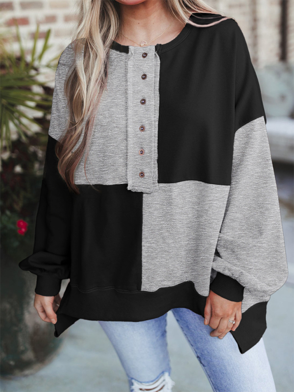 Patchwork Color Block Front Button Long Lapel Sweatshirt-TOPS / DRESSES-[Adult]-[Female]-Black-S-2022 Online Blue Zone Planet