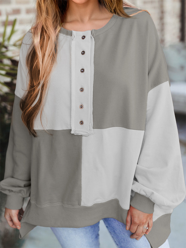 Patchwork Color Block Front Button Long Lapel Sweatshirt-TOPS / DRESSES-[Adult]-[Female]-Grey-S-2022 Online Blue Zone Planet