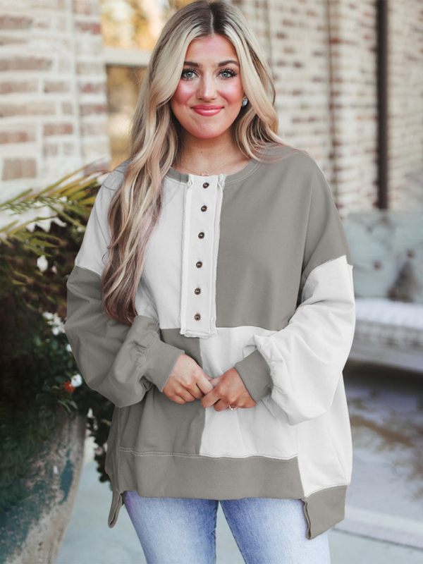 Patchwork Color Block Front Button Long Lapel Sweatshirt-TOPS / DRESSES-[Adult]-[Female]-2022 Online Blue Zone Planet