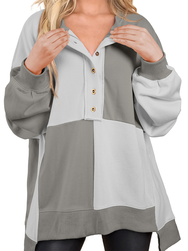 Patchwork Color Block Front Button Long Lapel Sweatshirt-TOPS / DRESSES-[Adult]-[Female]-2022 Online Blue Zone Planet