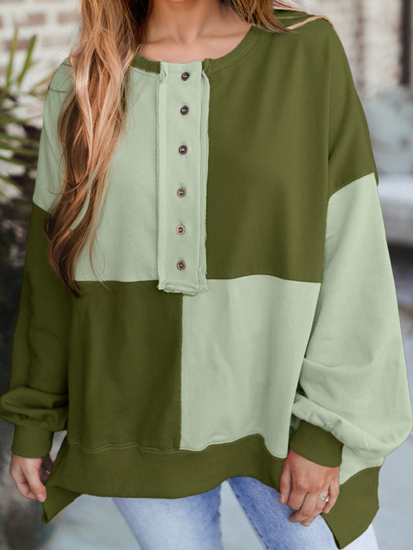 Patchwork Color Block Front Button Long Lapel Sweatshirt-TOPS / DRESSES-[Adult]-[Female]-Green-S-2022 Online Blue Zone Planet