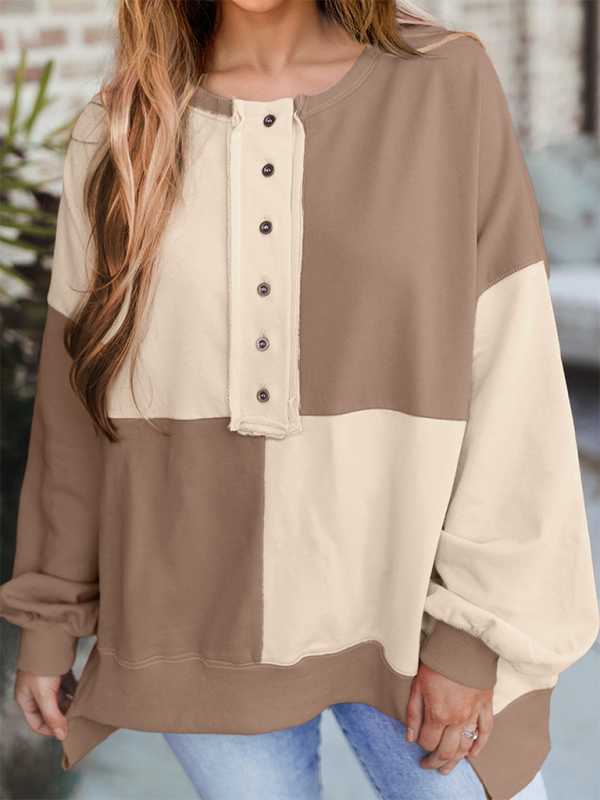 Patchwork Color Block Front Button Long Lapel Sweatshirt-TOPS / DRESSES-[Adult]-[Female]-2022 Online Blue Zone Planet