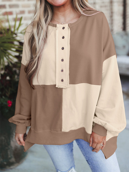 Patchwork Color Block Front Button Long Lapel Sweatshirt-TOPS / DRESSES-[Adult]-[Female]-Khaki-S-2022 Online Blue Zone Planet
