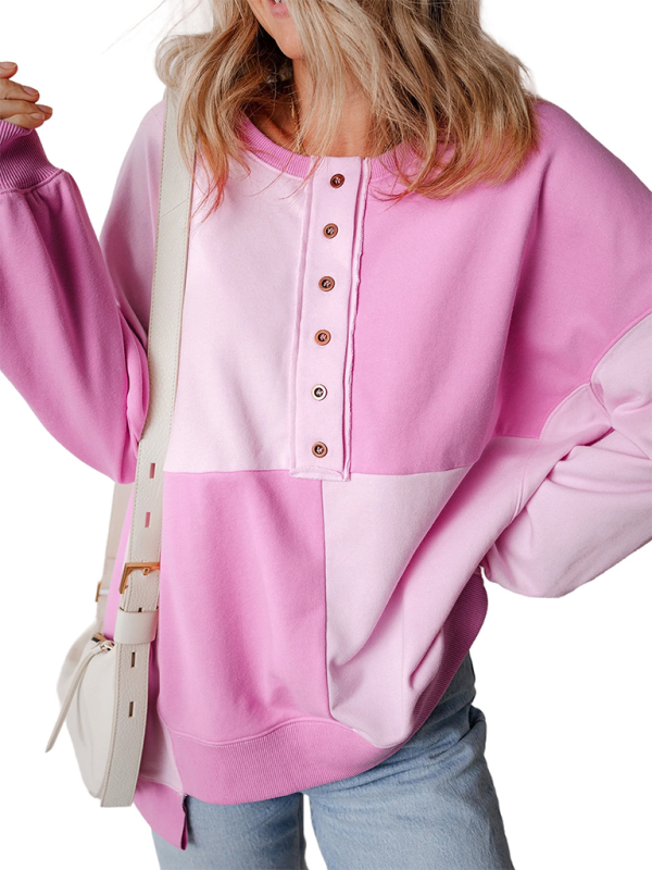 Patchwork Color Block Front Button Long Lapel Sweatshirt-TOPS / DRESSES-[Adult]-[Female]-2022 Online Blue Zone Planet