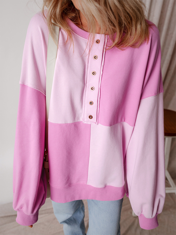 Patchwork Color Block Front Button Long Lapel Sweatshirt-TOPS / DRESSES-[Adult]-[Female]-2022 Online Blue Zone Planet
