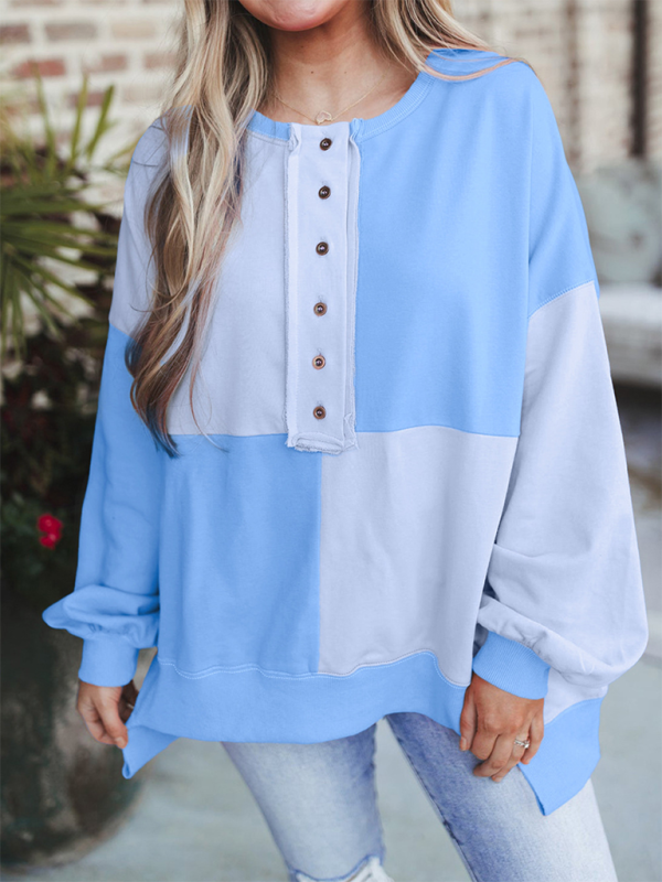 Patchwork Color Block Front Button Long Lapel Sweatshirt-TOPS / DRESSES-[Adult]-[Female]-Sky blue azure-S-2022 Online Blue Zone Planet