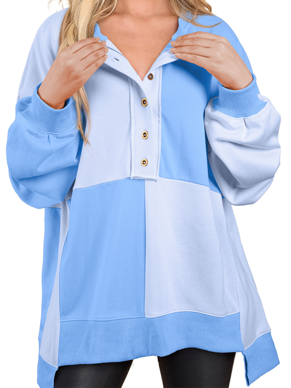 Patchwork Color Block Front Button Long Lapel Sweatshirt-TOPS / DRESSES-[Adult]-[Female]-2022 Online Blue Zone Planet
