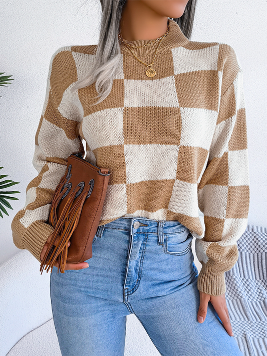 New street style color collision plaid long sleeve pullover knit sweater-[Adult]-[Female]-Cracker khaki-S-2022 Online Blue Zone Planet