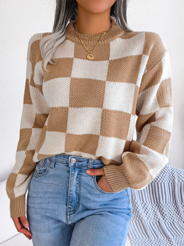 New street style color collision plaid long sleeve pullover knit sweater-[Adult]-[Female]-2022 Online Blue Zone Planet