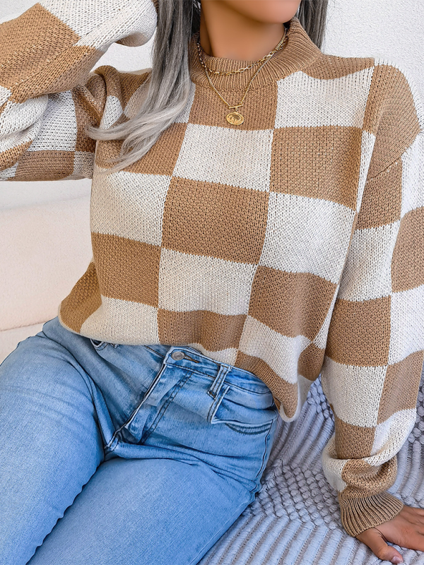 New street style color collision plaid long sleeve pullover knit sweater-[Adult]-[Female]-2022 Online Blue Zone Planet