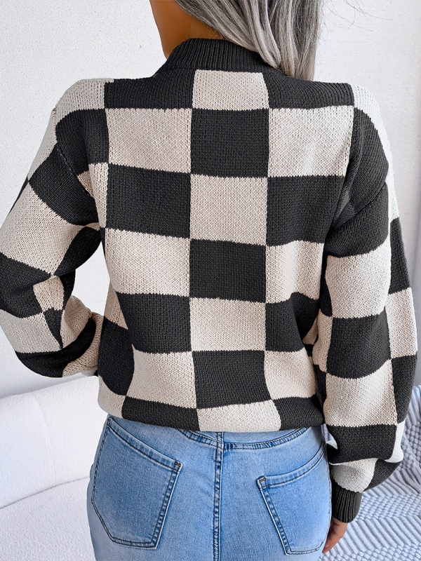 New street style color collision plaid long sleeve pullover knit sweater-[Adult]-[Female]-2022 Online Blue Zone Planet