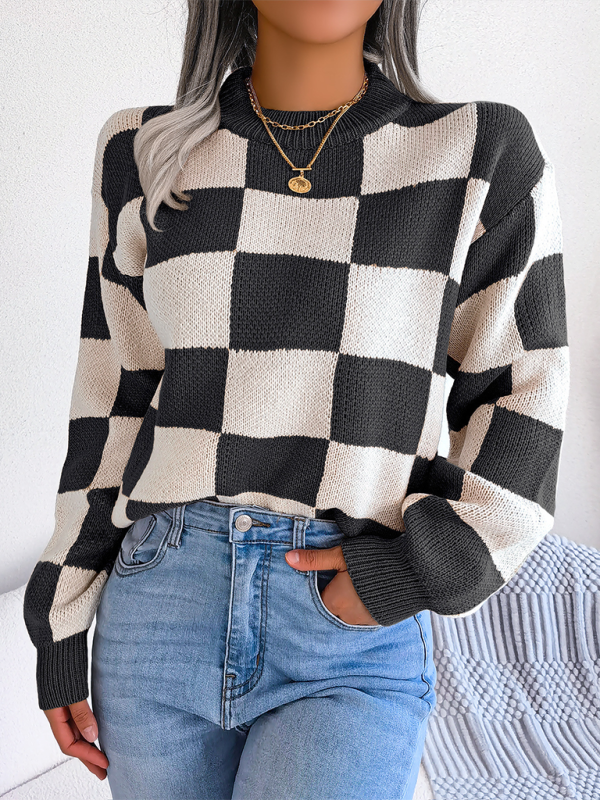 New street style color collision plaid long sleeve pullover knit sweater-[Adult]-[Female]-2022 Online Blue Zone Planet