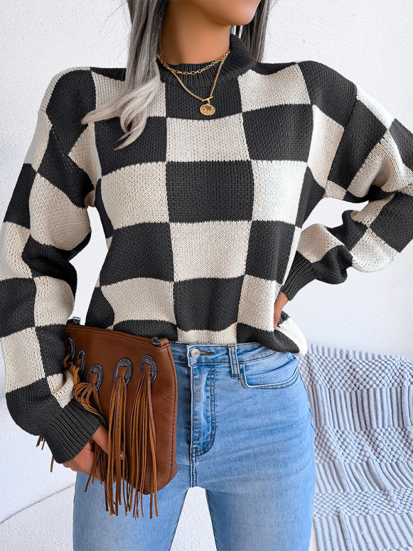 New street style color collision plaid long sleeve pullover knit sweater-[Adult]-[Female]-Black-S-2022 Online Blue Zone Planet